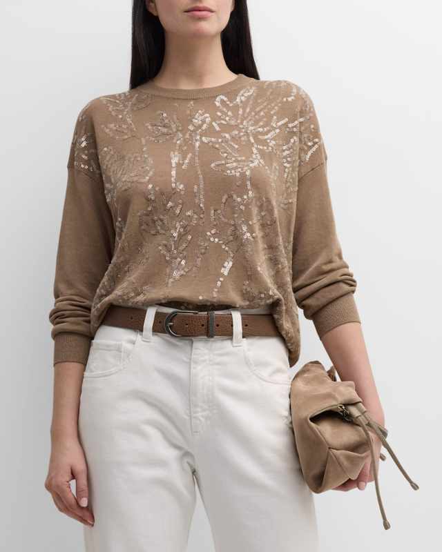 Linen Knit Sweater with Magnolia Paillette Embroidery